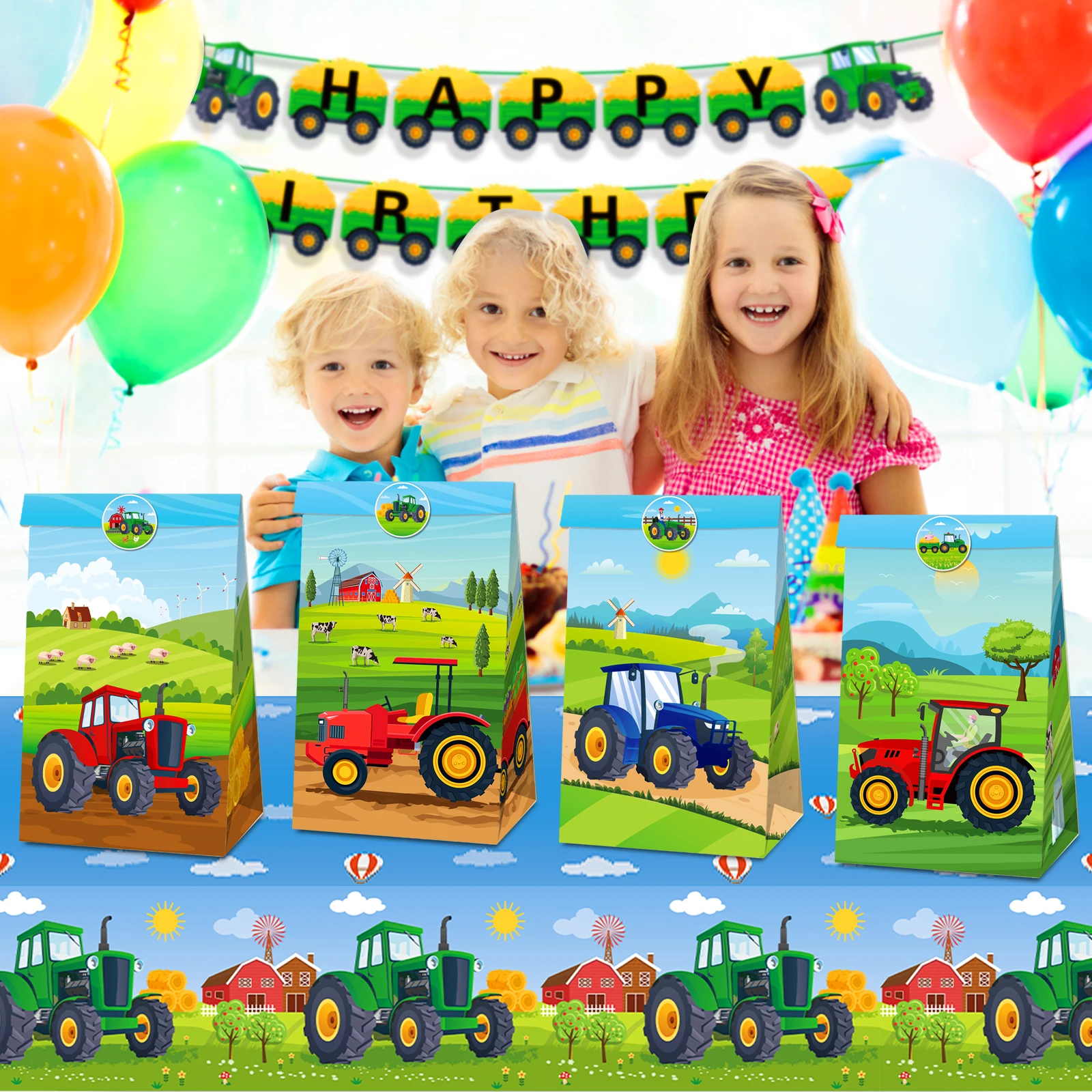 

LB205 12Pcs Cartoon Tractor Farm Tools Cargo Van Birthday Party Candy Souvenir Pack Kraft Paper Gift Bags Baby Shower Party Box