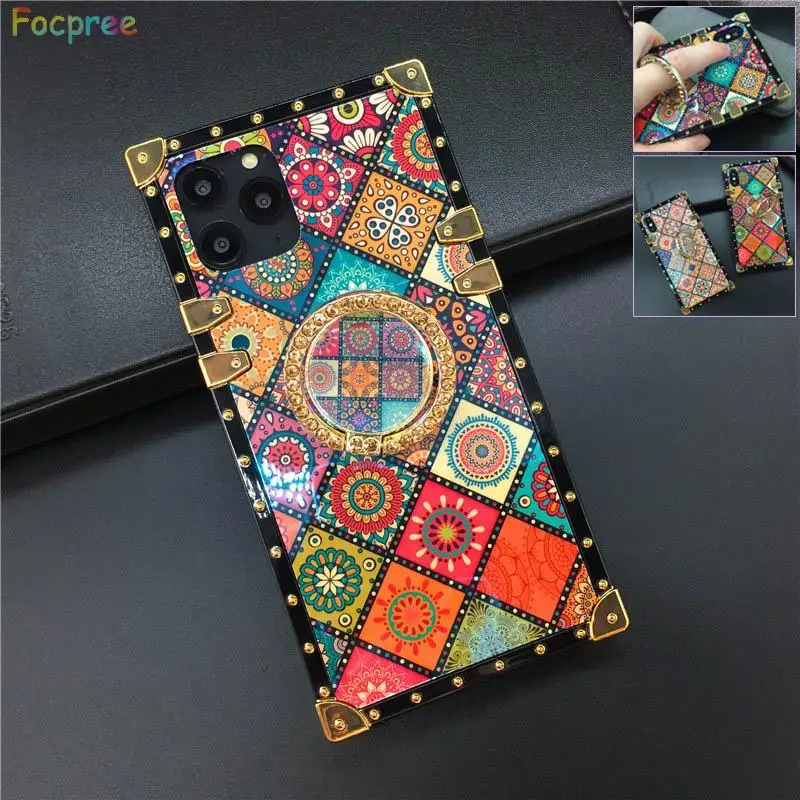 

For iPhone 14 PRO Max XS X XR Bling Square Case Luxury Glitter Retro Flower Cover Case For iphone 11 12 13 PRO MAX 6 7 8 14 Plus