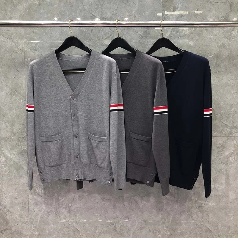 Winter Men's TB Sweater THOM Fashion Brand Men's Coat Milano Stitch Armband Stripe V-Neck Cadigan For Women Casual Slim Coats