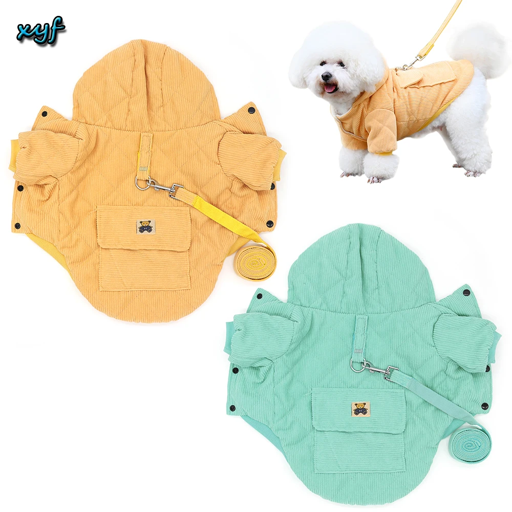 Теплая Вельветовая куртка для собак одежда свитер толстовка с поводком веревка