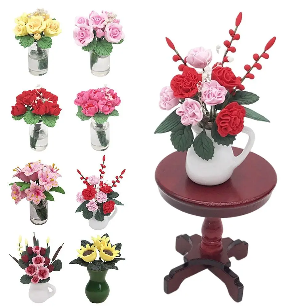 

Photo Props 1:12 Scale Dollhouse Flower Rose Lily Sunflower Glass Ceramics Vase Doll Accessories Scene Model Floral Arrangement