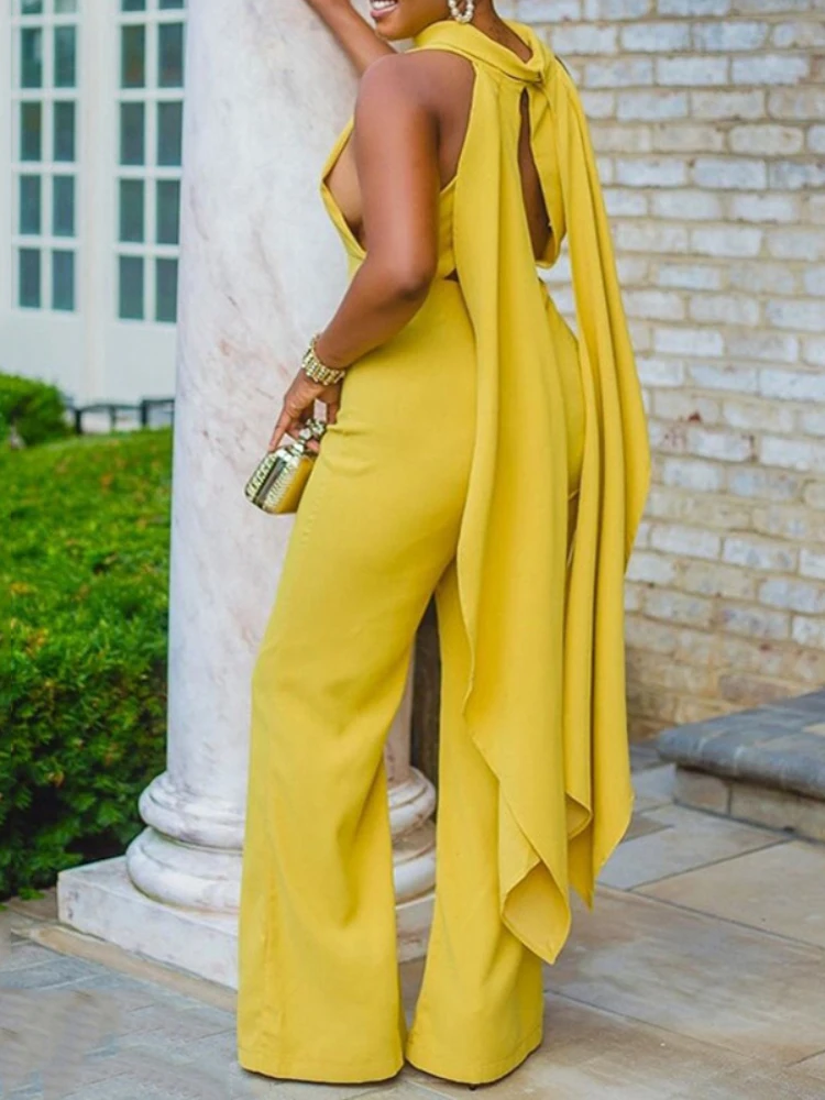 

Summer One-piece Yellow Jumpsuits Sleeveless Cut Out Long Ribbon Slim-fit Wide Leg Overalls for Women Elegant Party Outfits 3XL