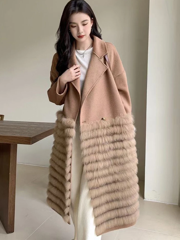 Роскошное Женское зимнее теплое шерстяное пальто из натурального Лисьего меха