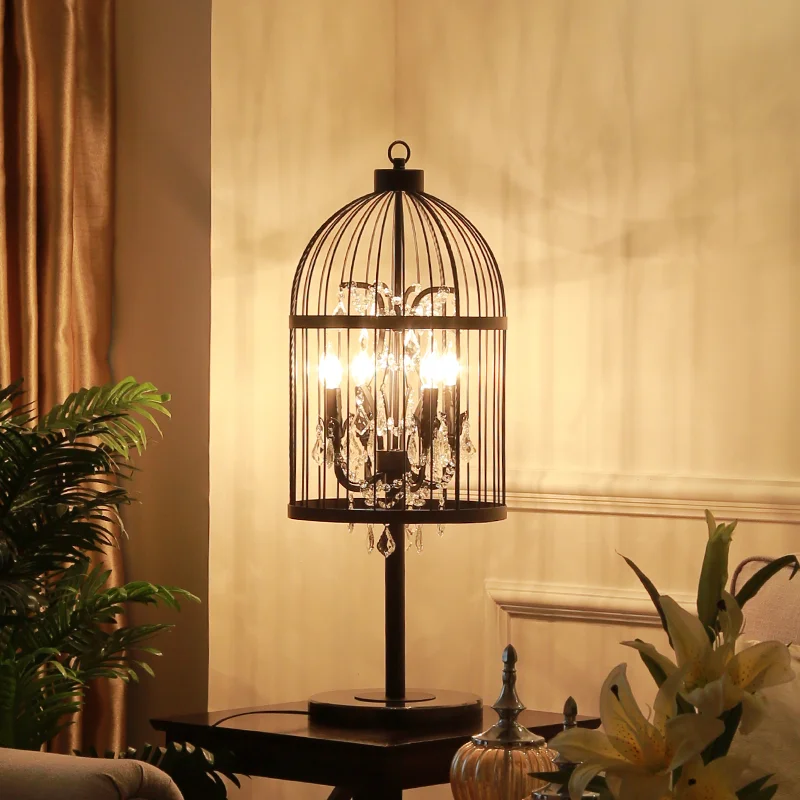 

Pendant Lights American country retro lighting bird cage crystal Lighting bedroom study iron black table Room Lamps Chandeliers