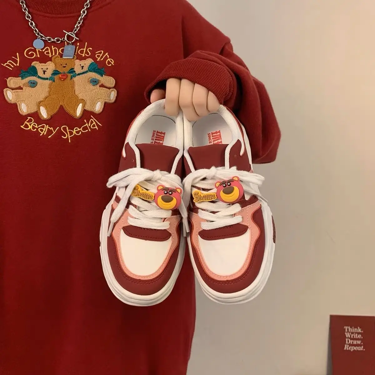 Lotso Strawberry Bear woman Shoes Children's Autumn Winter Shoes Color Contrast Casual Sports Red Shoes Fashion Cotton Shoes