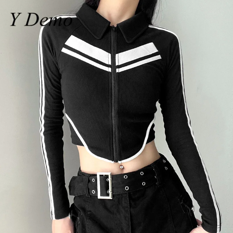 

Y Demo Streetwear Rock Stripes Spliced Turn-down Collar Zipper Cardigan Long Sleeve Slim Short Jacket