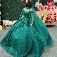 mexican girls hunter green quinceanera dresses with cape lace up corset applique sweet 16 prom pageant gowns vestidos de
