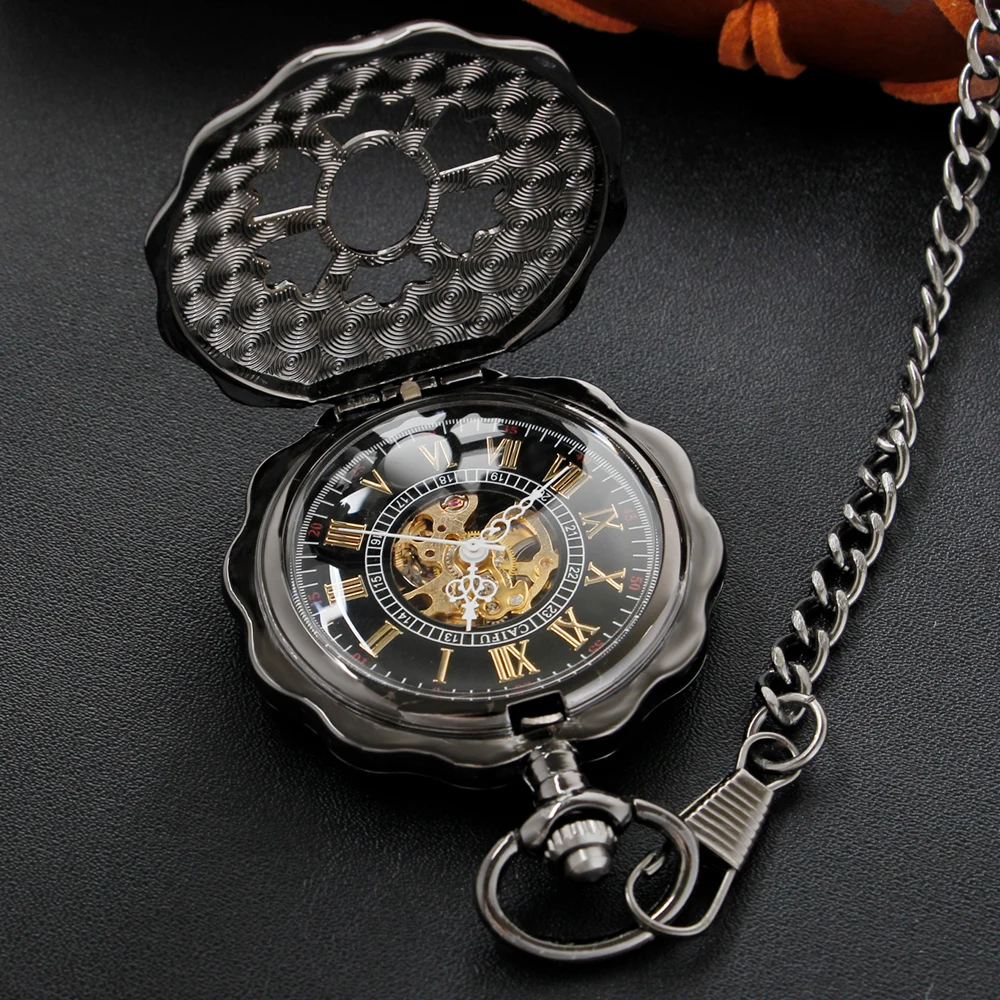 Black Petal Shaped Design Manual Gentleman Mechanical Pocket Watch Retro Men's Necklace Pendant Clock Women's Jewelry Gift