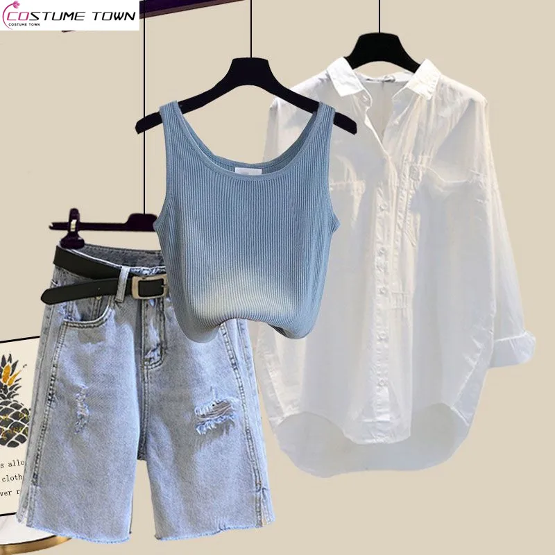 Большой женский летний комплект новинка 2024 Солнцезащитная рубашка с майкой