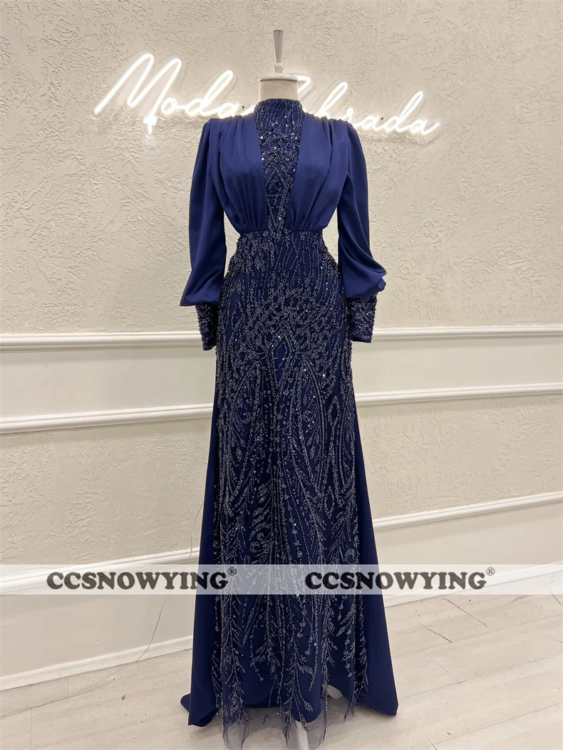 

Long Sleeve Hijab Muslim Evening Dresses Arabic Dubai Satin Appliques Beaded Islamic Prom Formal Party Gown Robes De Soirée