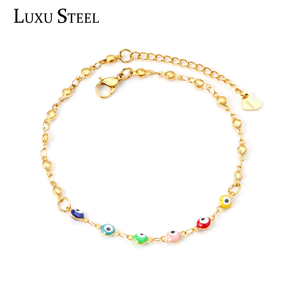 

LUXUSTEEL Colorful Evil Eye Anklets For Women Girls Stainless Steel Bohemian Turkish Ankle Bracelet Summer Beach Jewelry