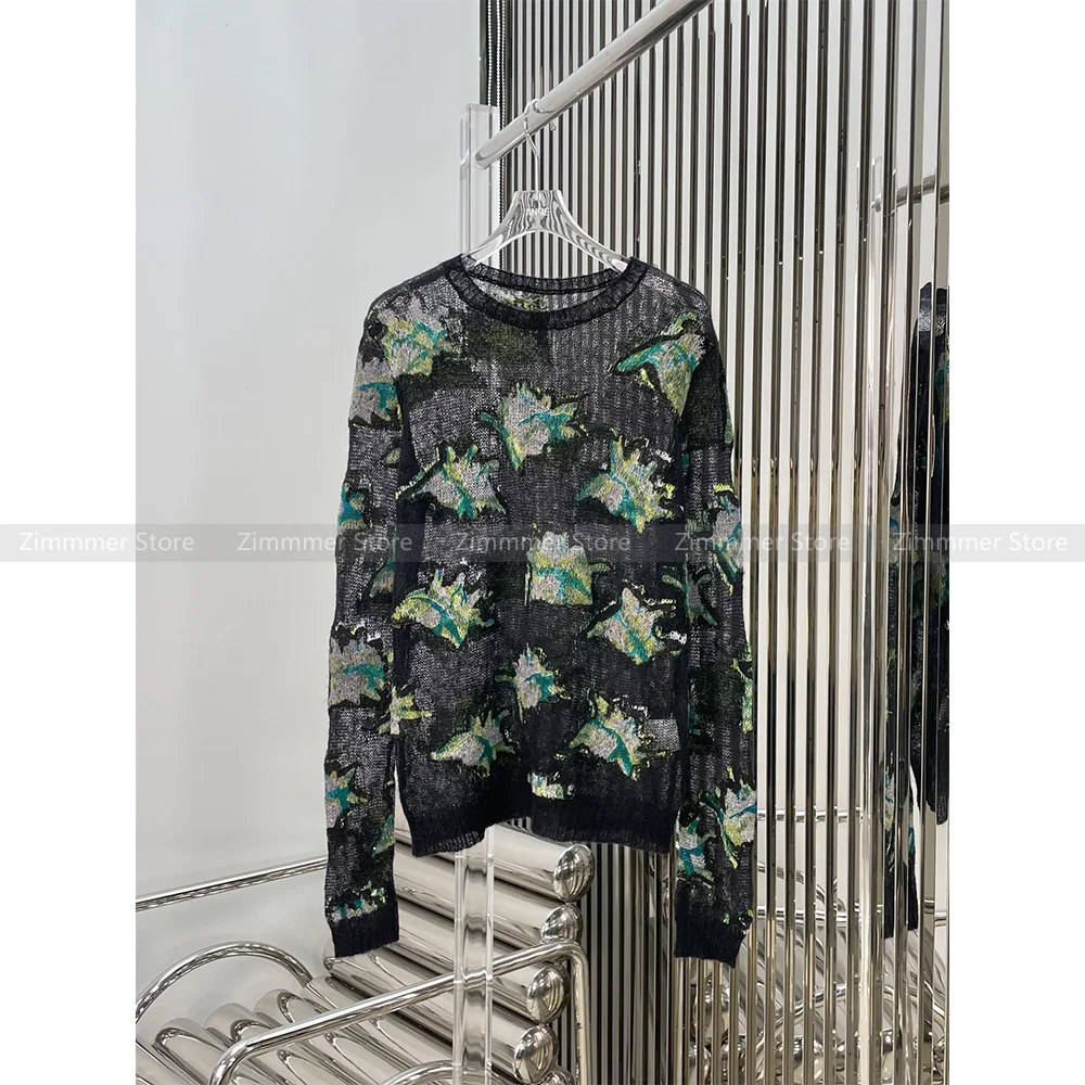 

23 years of autumn and winter new cashmere embroidery jacquard clash of colours see-through knitwear long-sleeved jumper