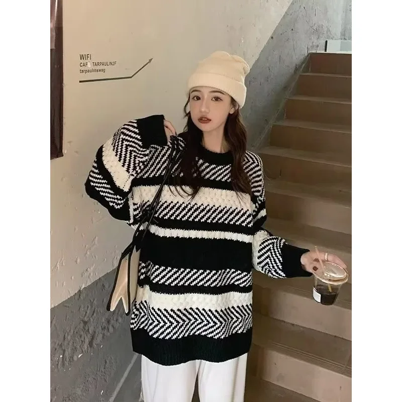 Осень-зима 2023 новый стильный женский полосатый свитер свободный пуловер верхняя