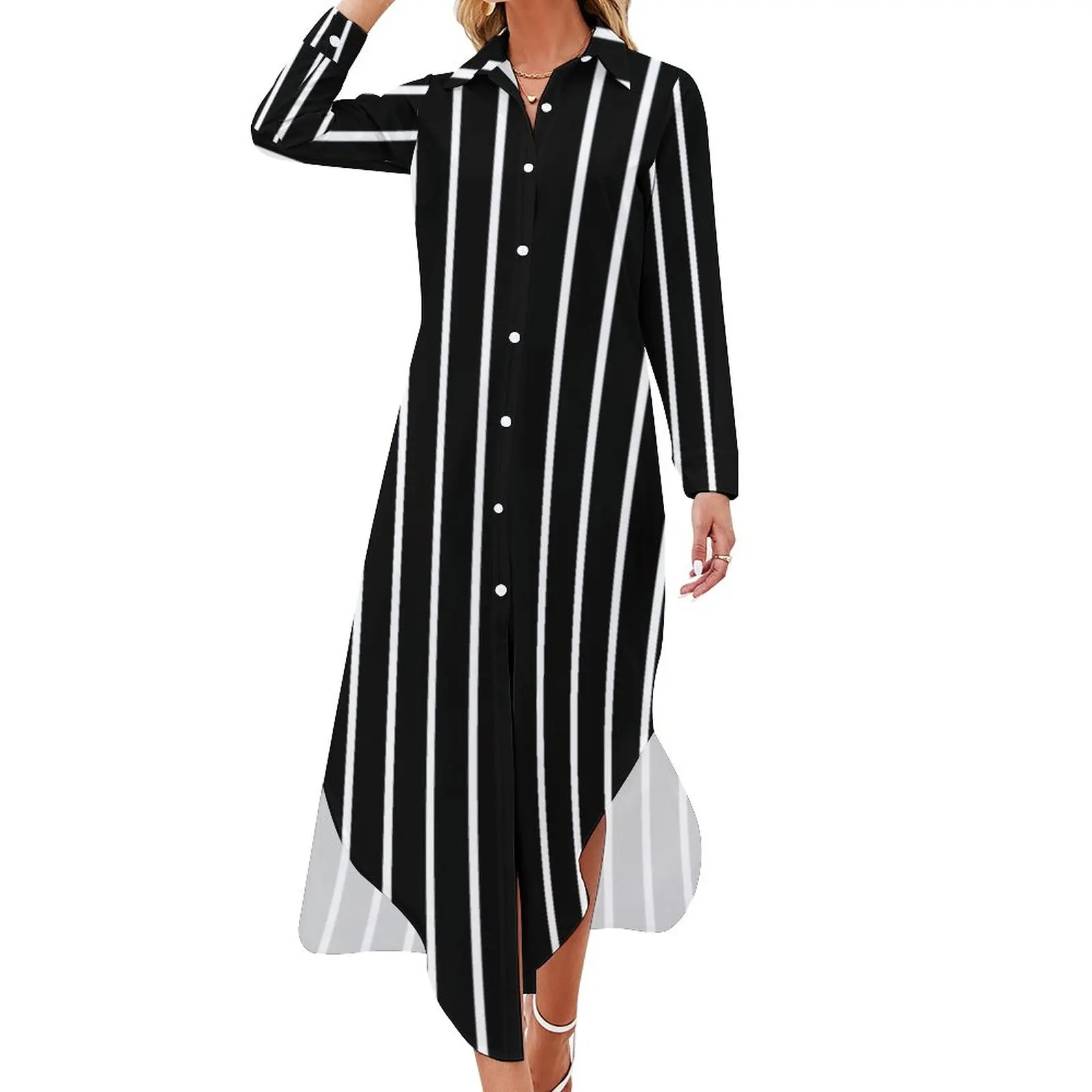 

Vertical Striped Casual Dress Black And White Lines Aesthetic Dresses Long Sleeve Cute V Neck Graphic Oversize Chiffon Dress