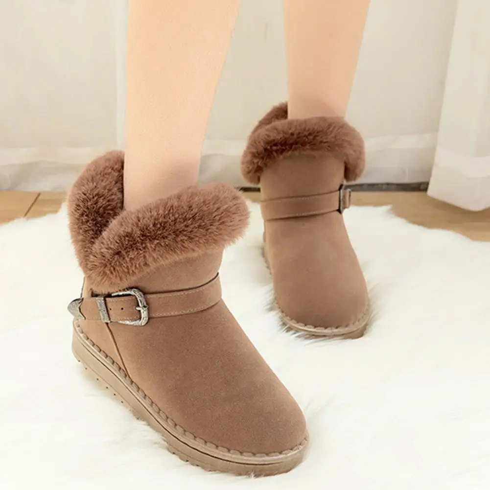 

1 Pair Snow Boots Fuzzy Top Adjustable Buckle Rubber Flat Sole Slip on Plush Lined Winter Warm Women Ankle Shoes for Outdoor