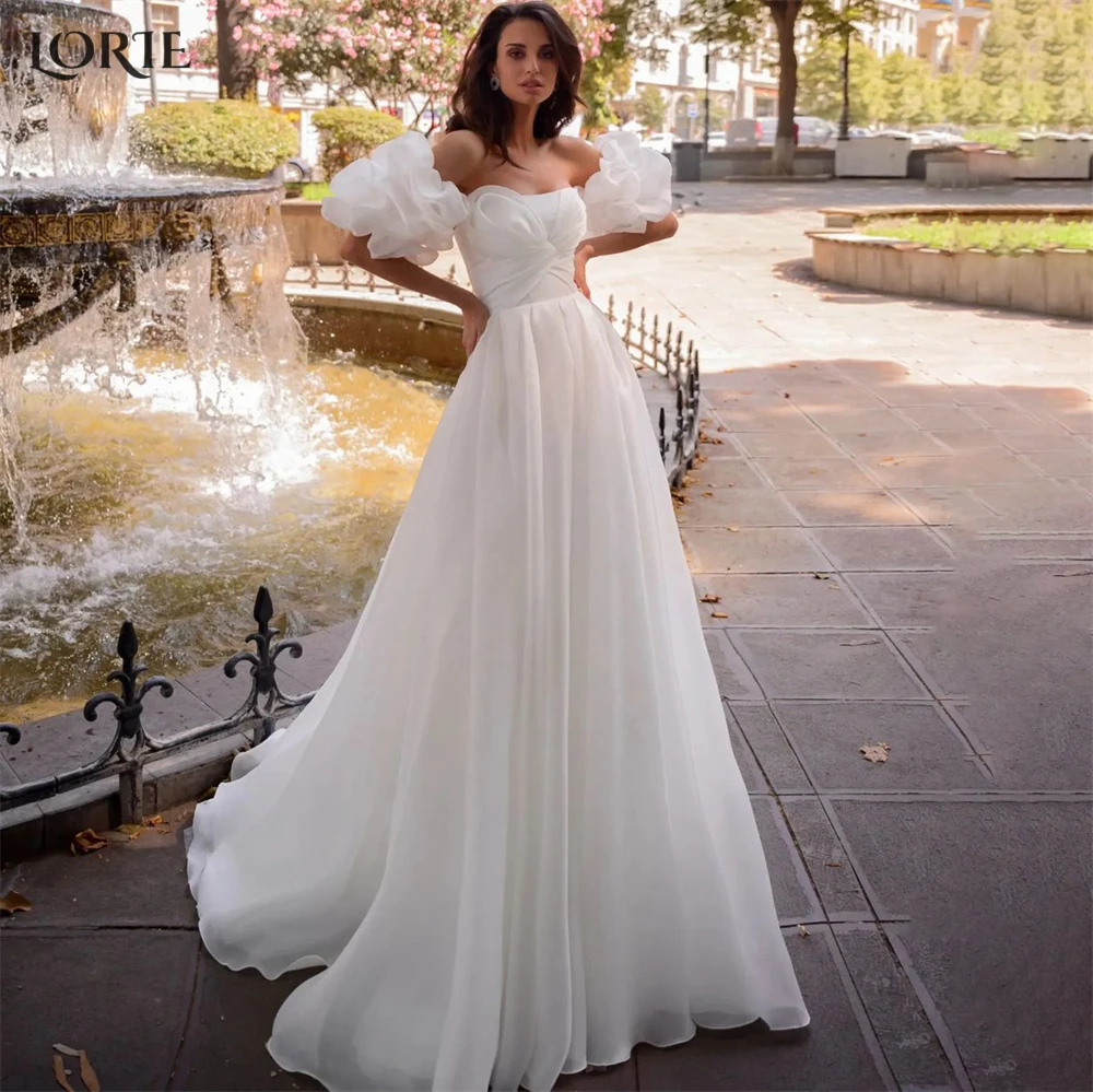 

Однотонные белые свадебные платья LORIE, элегантные свадебные платья-трапеции с открытыми плечами, рюшами и пышными рукавами, богемное платье для невесты с открытой спиной, 2023