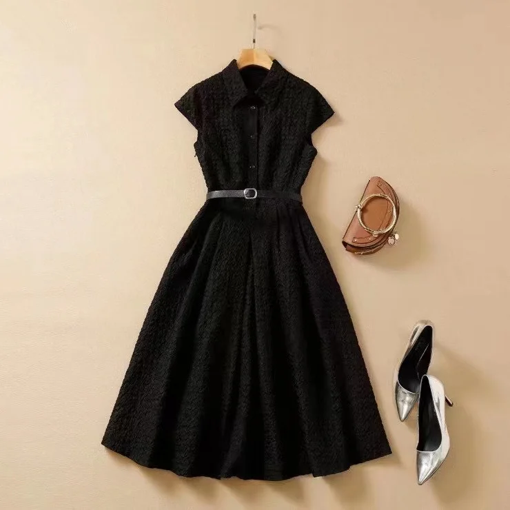 European and American women's summer 2022 new Black lapel pleats with short sleeves Fashionable belt pleated dress