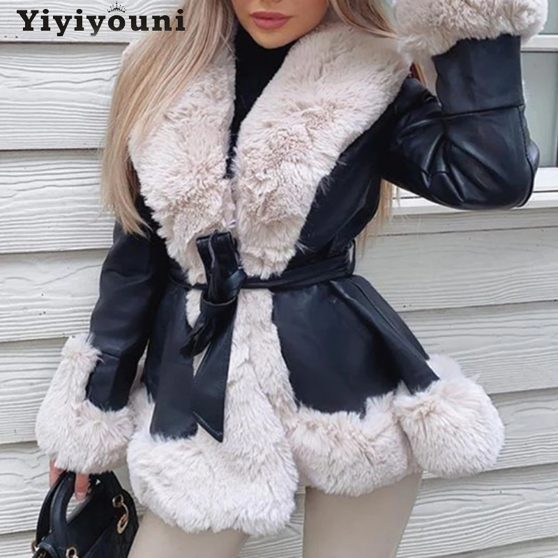 Куртка из искусственной кожи Yiyiyouni зимняя теплая с поясом элегантная приталенная