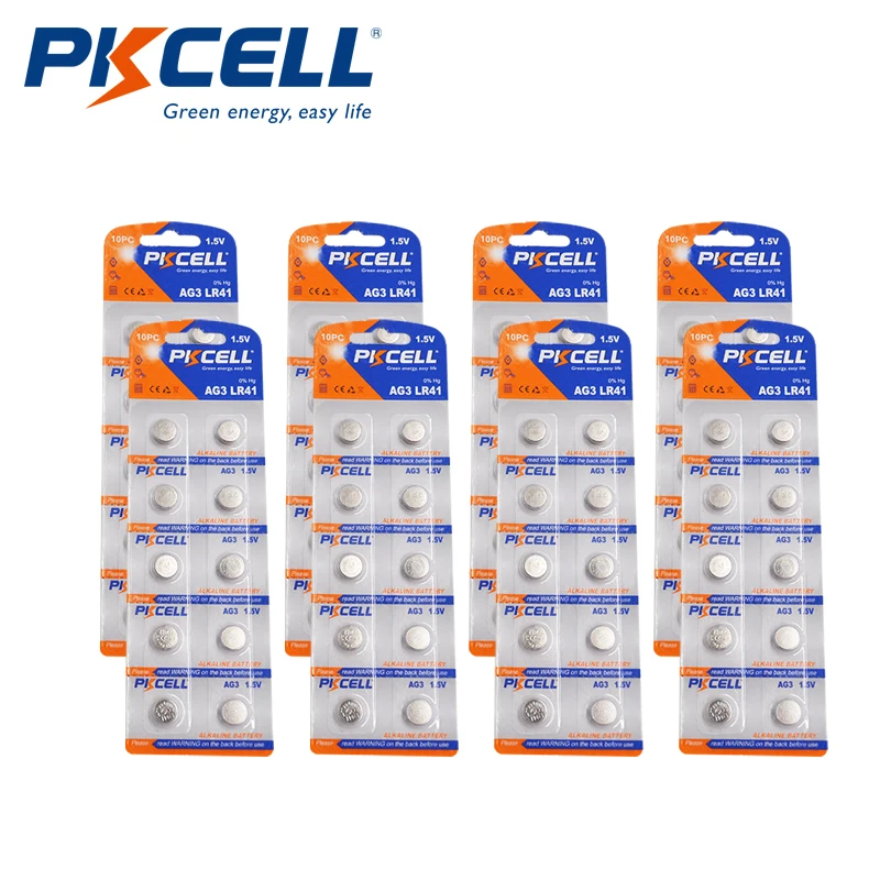 

Батарейки PKCELL AG3 1,5 в 30 мАч, 80 шт./8 карт, кнопочные LR41 AG3, батарейка для часов SR41W 392 192 192A LR736, светодиодные часы для игрушек
