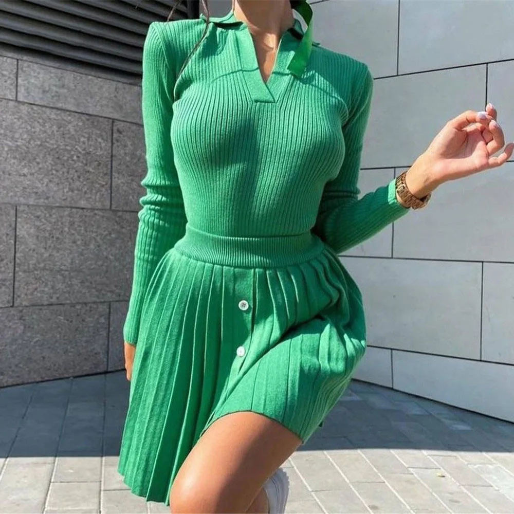 

2022 Women Two Pieces Sets Long Sleeve Women V-Neck Sweater Mini Pleated Skirt Suits Pure Color Women's Pullovers Tracksuits