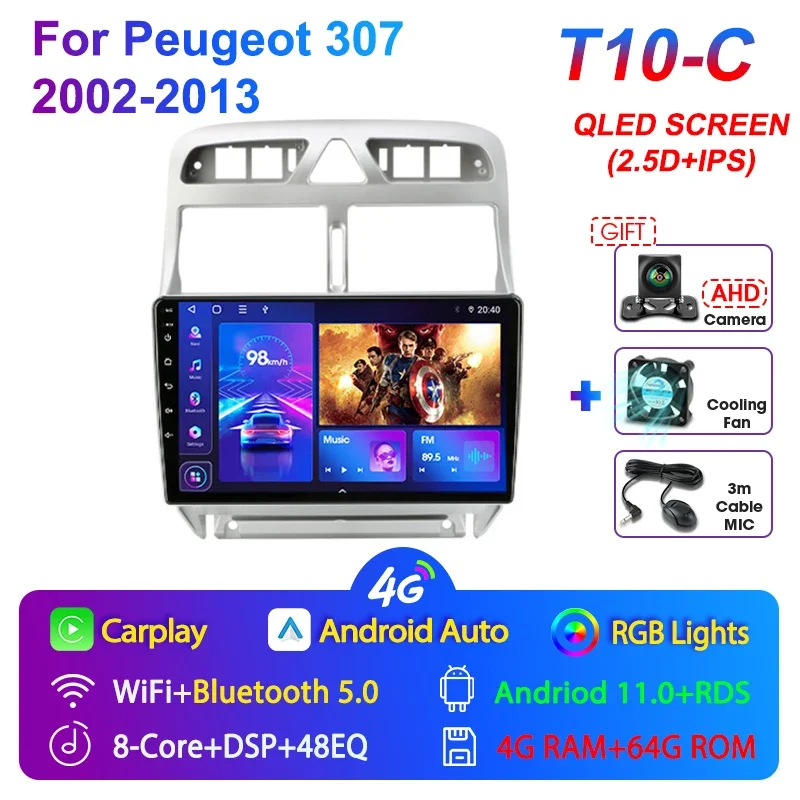 

Мультимедийная магнитола JMCQ для Peugeot, мультимедийная стерео-система на Android 12, с 9 "экраном, GPS, Wi-Fi, видеоплеером, для Peugeot 307, 2002-2013, типоразмер 2 Din