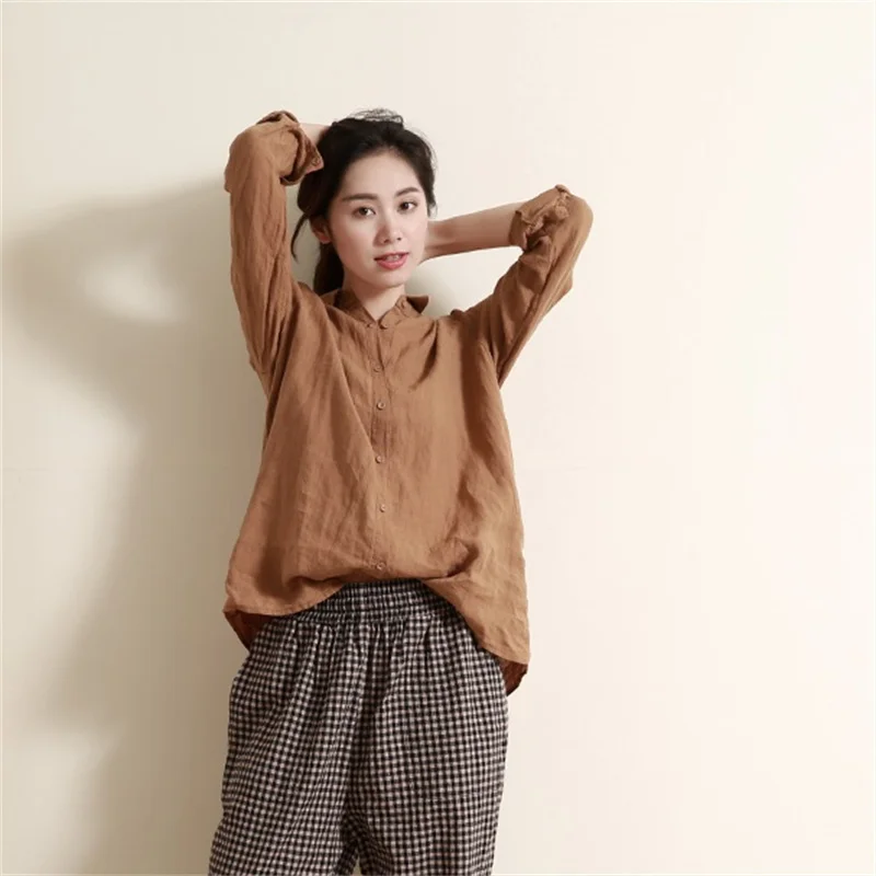 

Рубашка женская из хлопка и льна, повседневная элегантная дышащая блузка с отложным воротником и длинным рукавом, топ оверсайз, I210