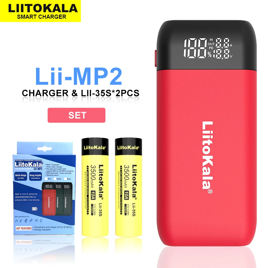 

2021 LiitoKala Lii-MP2 18650 21700 Charger&Power Bank QC3.0 Input/Output Digital Display.+ 2PCS Lii-35S Rechargeable Battery