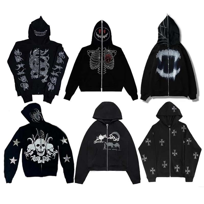

Zip Up Rhinestone Skeleton Jacket Y2k Long Sleeve Oversized Sweatshirts Hip Hop Streetwear Hoodies 2022 Goth Grunge Jackets Coat