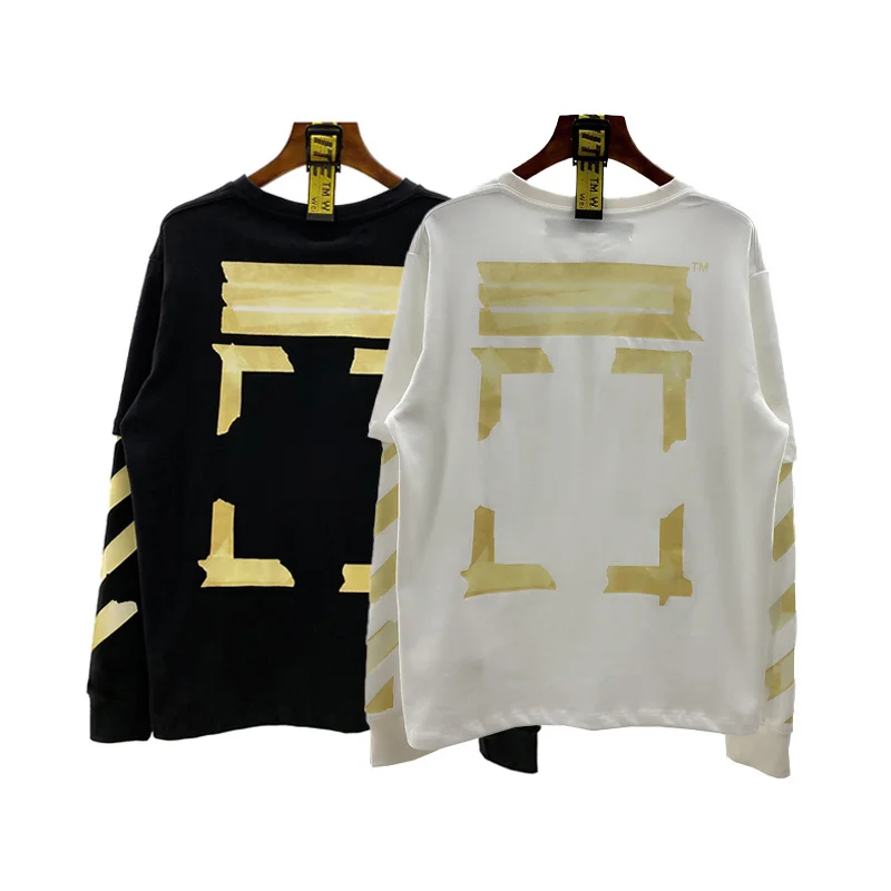 

Spring and autumn long sleeved T-shirt pullover High quality 100% cotton Couple yellow tape printing fake two
