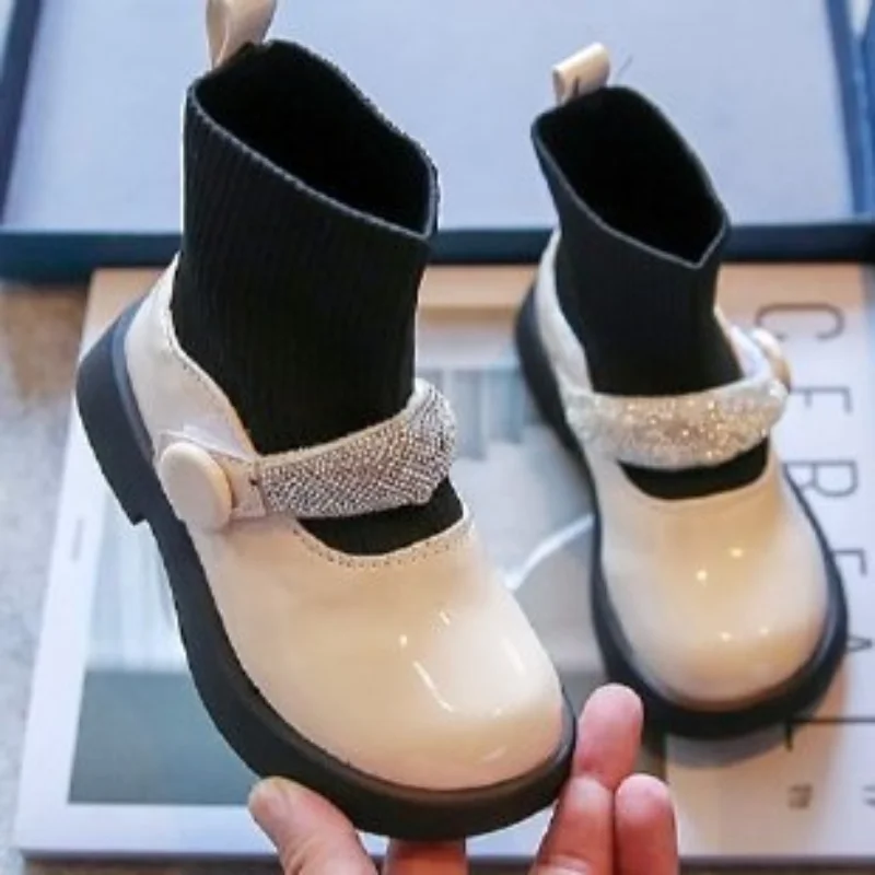 

2022 Fashion Rhinestones Chelsea Ankle Boots Leather Autumn Slip-On Children Shoe Child Girls' Socks Boots for Kids Girls 3-12