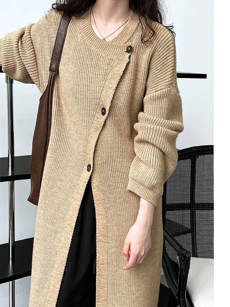 

Женский свободный длинный вязаный кардиган во французском стиле, однотонный, с асимметричным вырезом спереди, длиной выше колена,