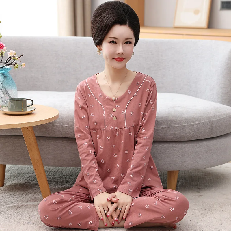 Casual Middle Aged Mother Pajamas Set Long Sleeve Sleepwear Pyjamas Women Spring Autumn Cotton Homewear Night Suit M-3XL