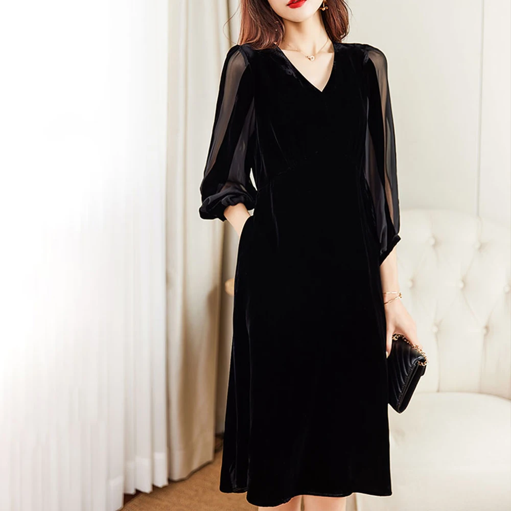 Женское бархатное платье средней длины, элегантное золотистое бархатное черное платье с V-образным вырезом, весна-осень 2022