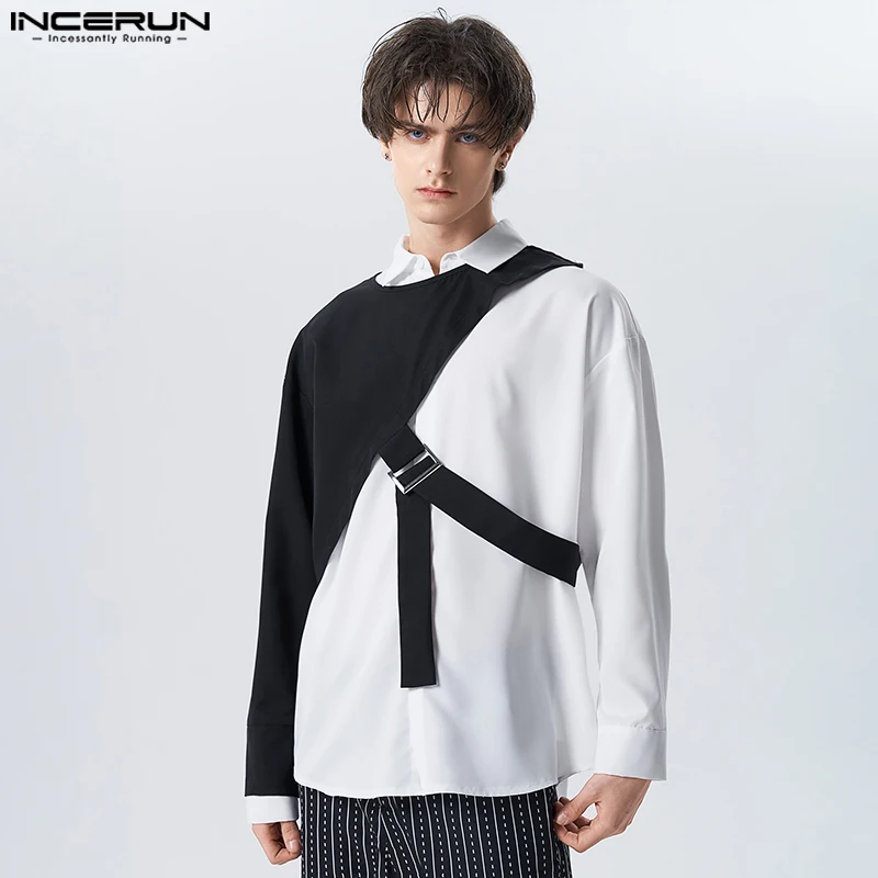 

INCERUN Tops 2023 American Style Stylish Men Patchwork Black&White Contrasting Shirts Leisure Fake Two-piece Design Blouse S-5XL
