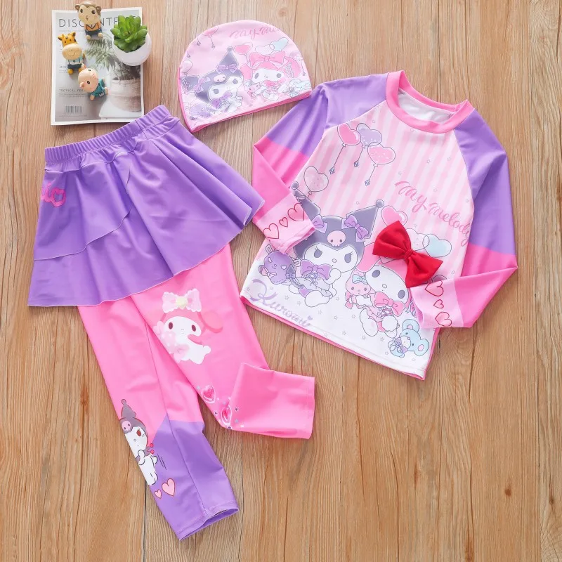 Фото Детский слитный купальник Kawaii Kuromi My Melody из мультфильма аниме Sanrio с милым сердечком для девочки среднего и старшего возраста №4