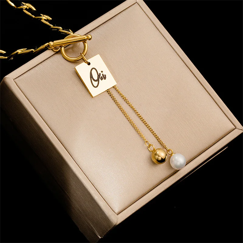 French Woven Stainless Steel Pendant Necklace Women Hip Hop Trend Luxury Leather Pearl Collarbone Chain Party Jewelry |