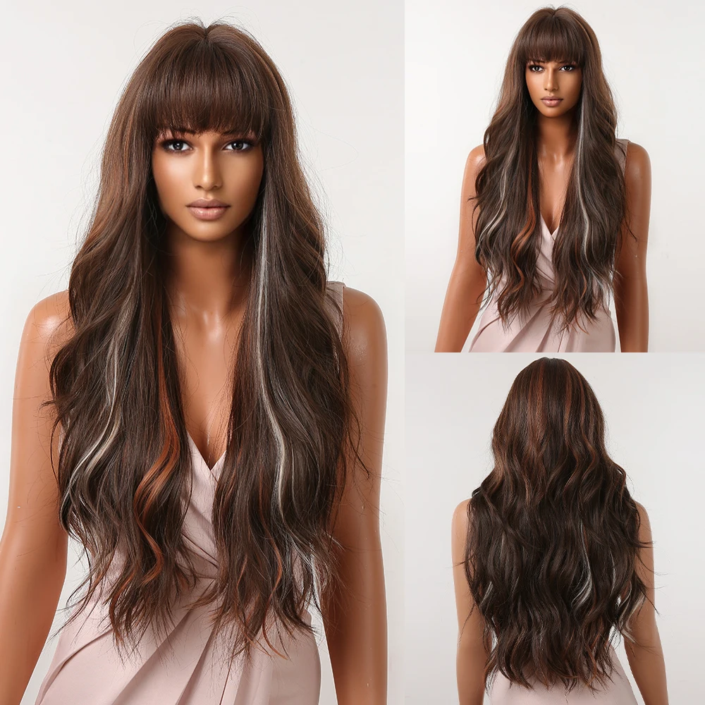 

Light Brown Synthetic Wigs Long Wavy With Highlight Wig for Women Water Wave Wigs Heat Resistant Cosplay Party Hair With Bangs