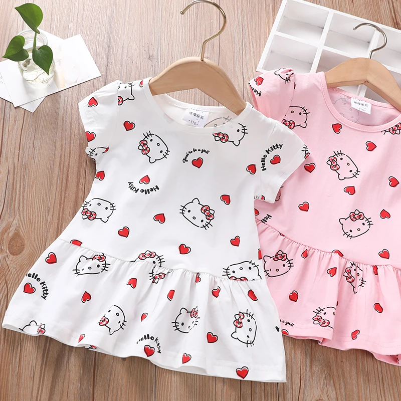 

Топ для девочек Hello Kitty, летняя Новинка, хлопковая детская юбка с принтом и коротким рукавом, футболка с милым котом, плиссированное платье, к...