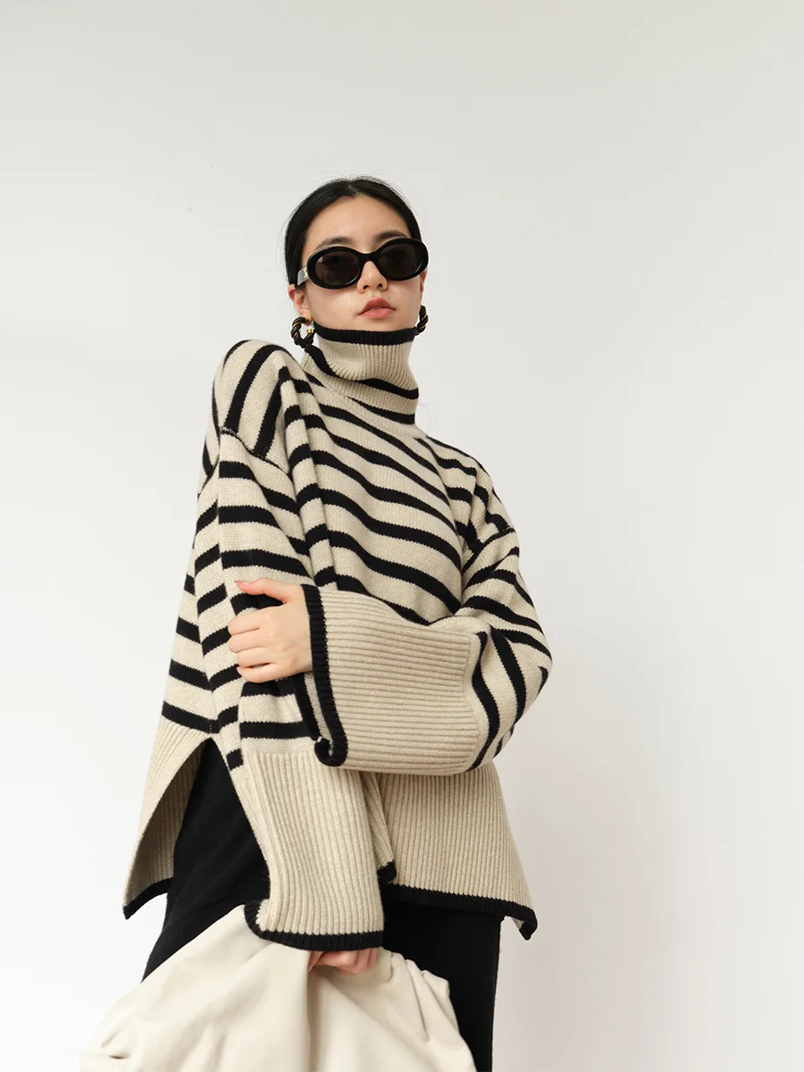 

Casual Striped Pullovers Women Knitted Basic Autumn Winter Loose-Fitting Thick Jumpers Sweaters Female Clothing