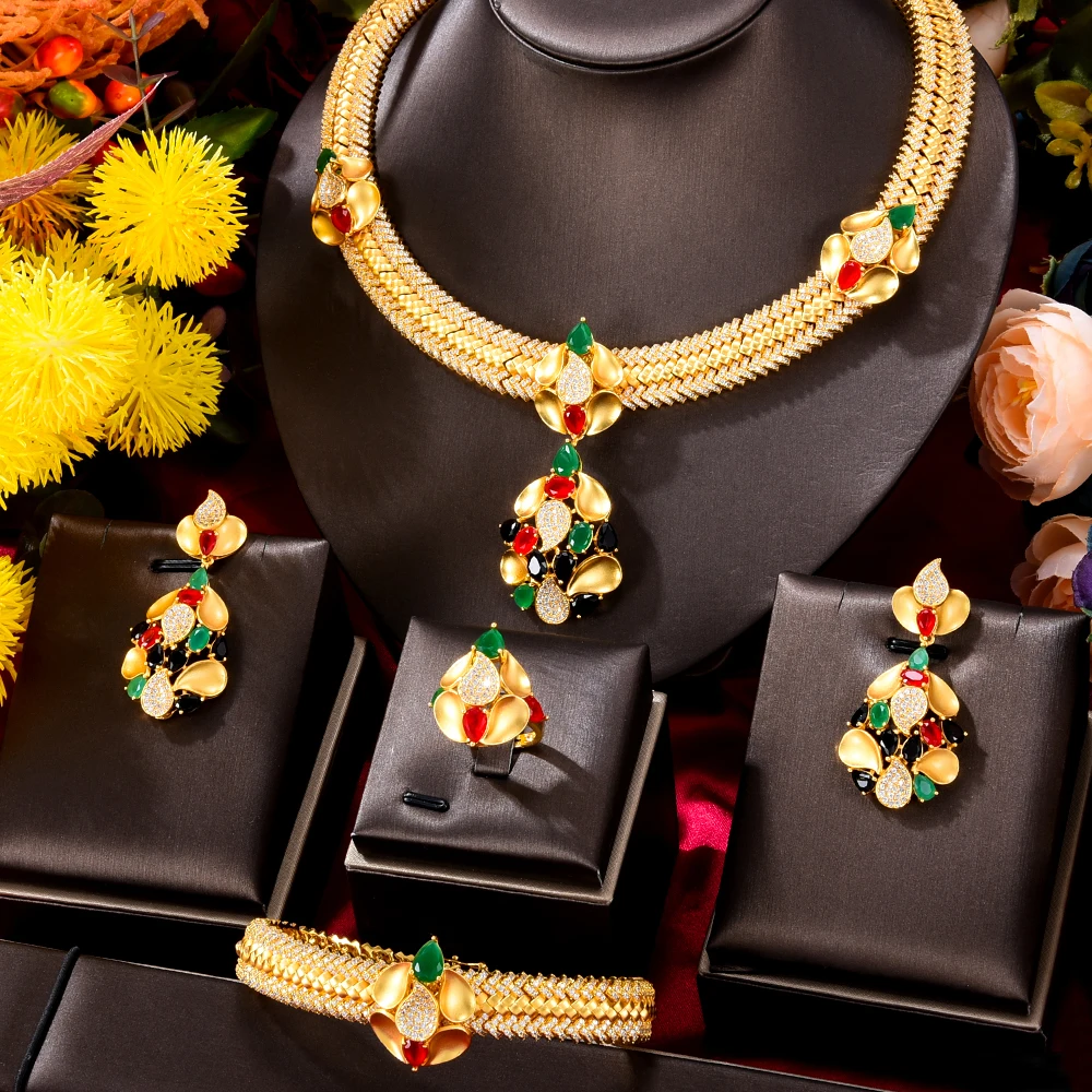 

missvikki 4 PCS Shiny Full Cubic Zirconia Luxury Princess Bangle Earrings Necklace Ring Jewelry Set Brides Wedding Jewellery