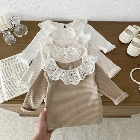 Новая детская осенне-зимняя одежда, детские топы с кружевным воротником, детский пуловер с длинными рукавами, футболка для младенцев, одежда для девочек, блузка для малышей