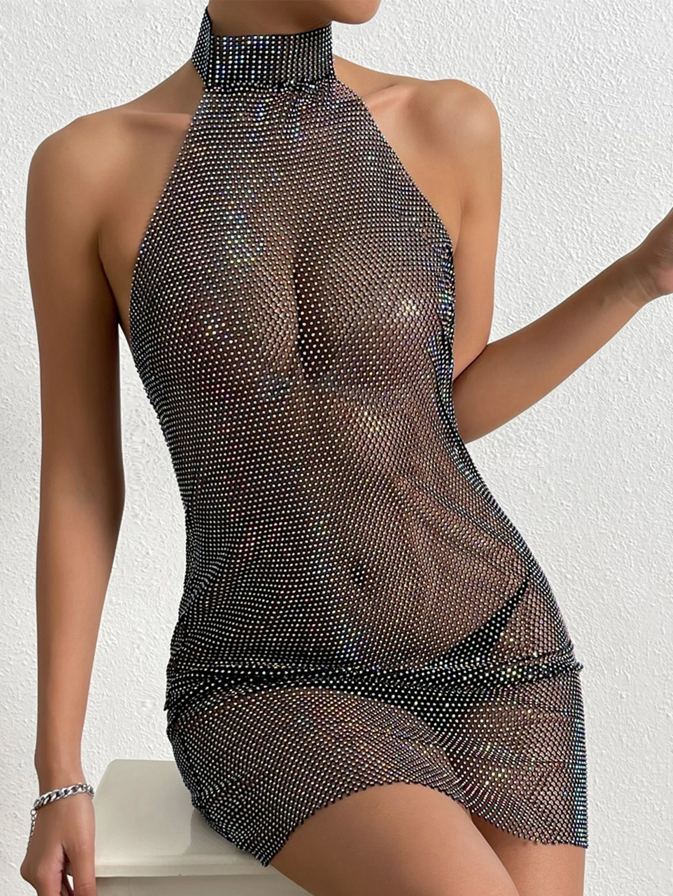 Сексуальное прозрачное летнее платье со стразами женская одежда ажурное с