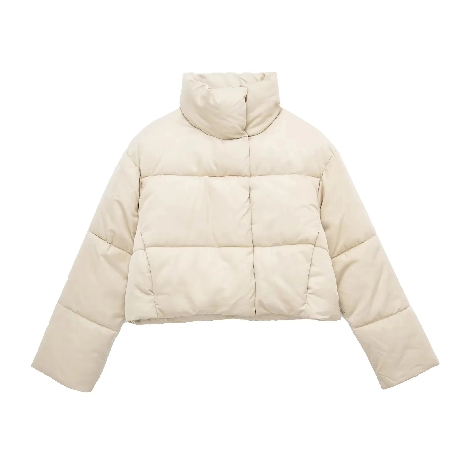 Winter Women's Beige High Neck Zip Long Sleeve Pocket Design Short Cotton Jacket Warm Fashion High Street Style