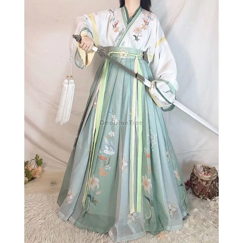 

2023 chinese crossed collar retro style hanfu flower printed ancient dynasty improved fairy dress dance costume daily hanfu g637