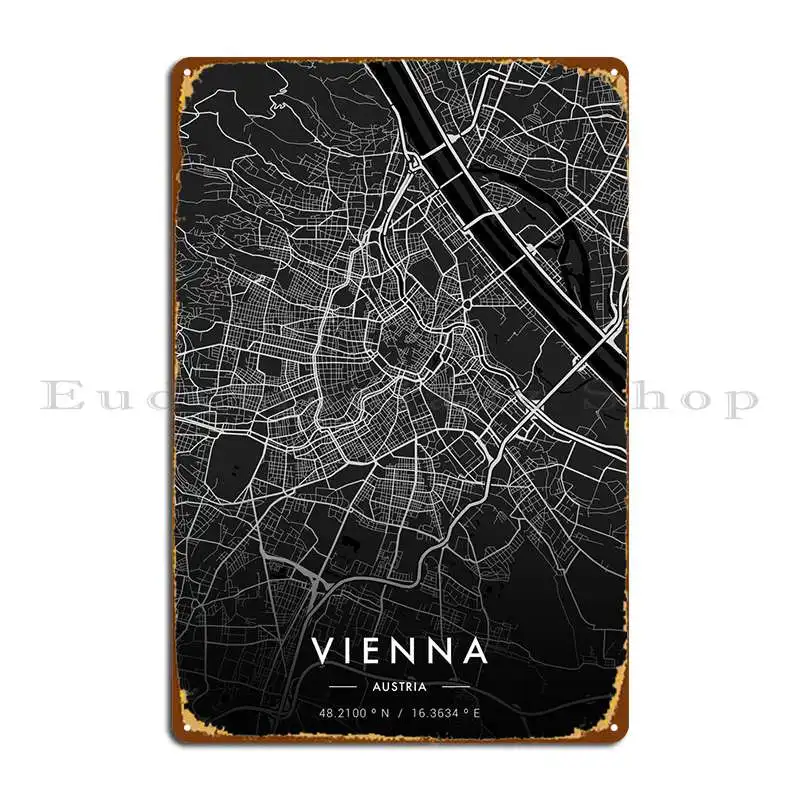 

Карта города Вена, темный металлический плакат с табличкой, украшение для стен, бара, персонаж, бара, жестяной плакат
