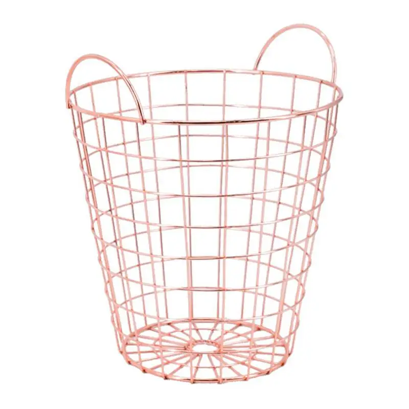 

1 PCS Wrought Iron Portable Metal Clothes Storage Basket Dirty Laundry Basket Rose Gold