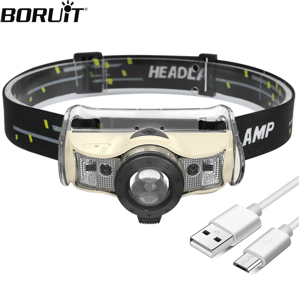 BORUiT Powerful ZOOM Sensor Headlamp COB LED Super Bright Outdoor Headlight Long Standby Rechargeable Fishing Camping