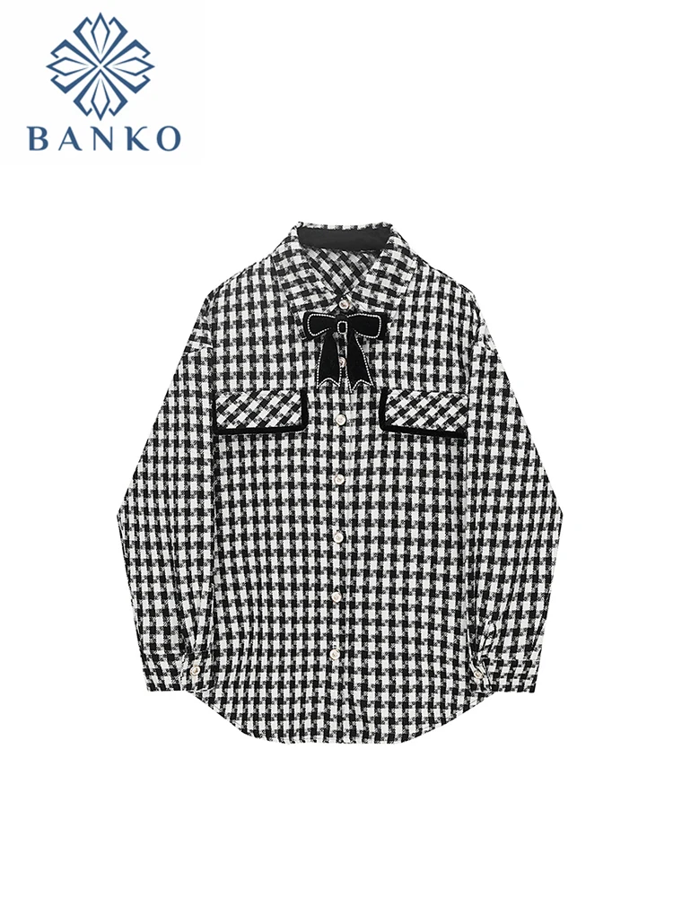 Women Fashion Vintage Button Tweed Loose Jacket Coat Vintage Plaid Long Sleeve Patch Pocket Female Outerwear Chic Bow Shirt