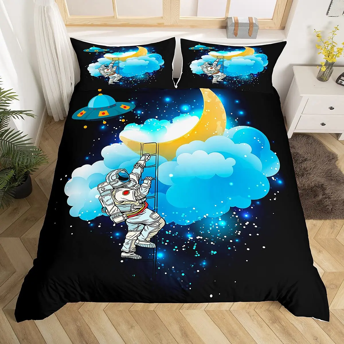 Cartoon Astronaut Duvet Cover Set Moon Clouds Starry Sky Quilt Microfiber Galaxy Bedding Twin King For Boys Girls Gift