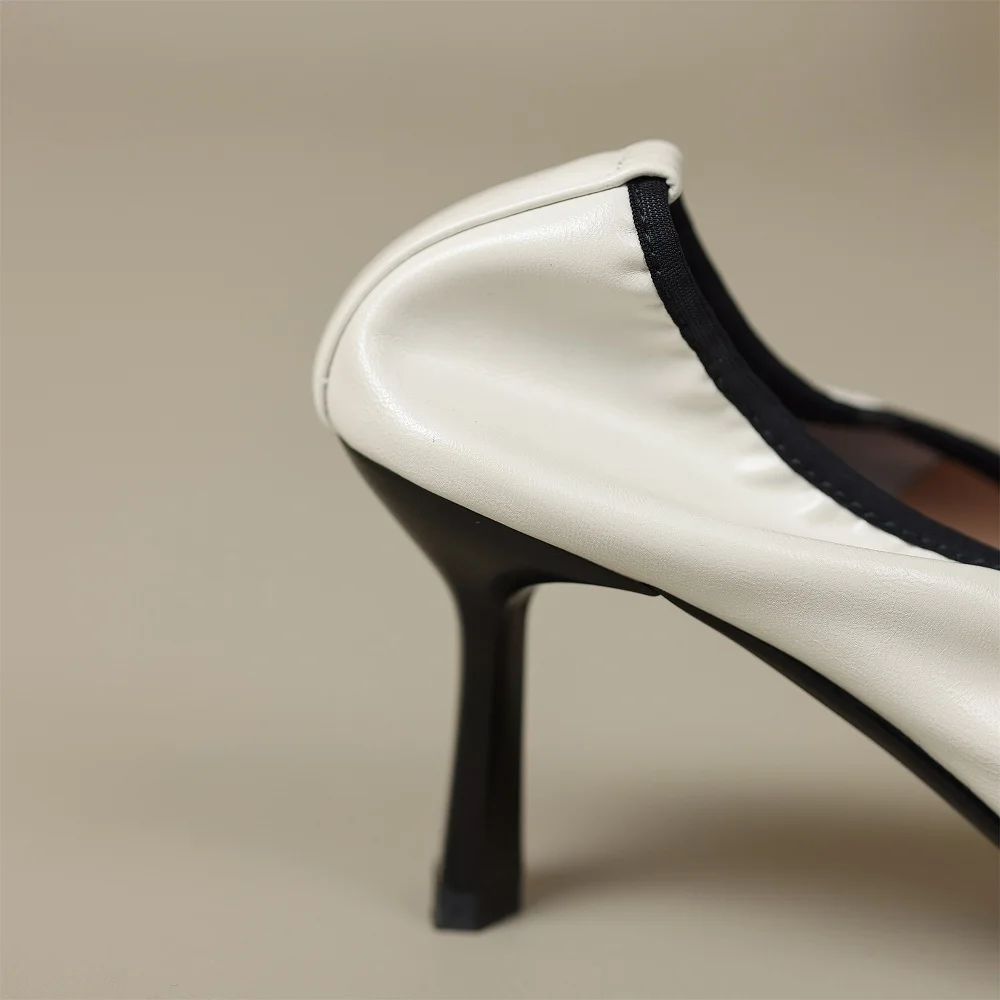 【JOCHEBED HU】New Fashion Elastic Band High Heels Soft Genuine Leather Square Toe Temperament Womens Single Shoes Witch Shoes